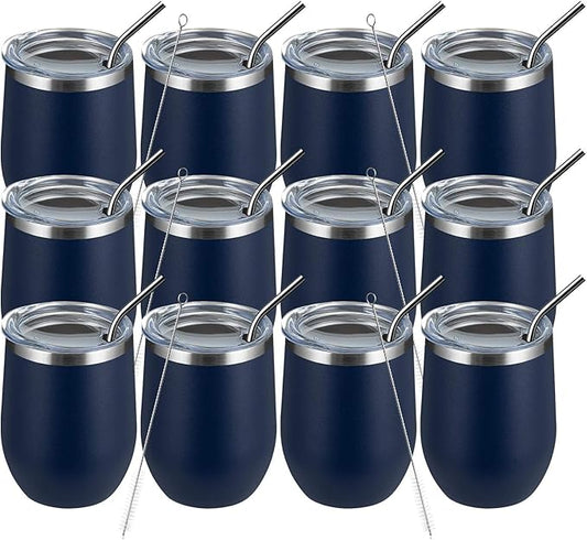 MEWAY 12oz/12 Pack Wine Tumbler Glasses with Lid -Double Wall Vacuum Stainless Steel Travel Tumbler Mug,Stemless Insulated Wine Cup for,Coffee,Cocktails,Gifts (Navy,Set of 12)
