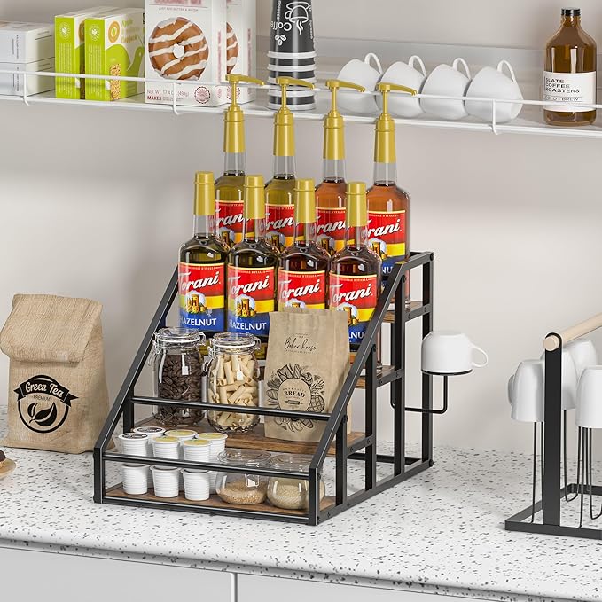 Coffee Syrup Rack Organizer, 4 Tier Countertop Storage Shelves, Kitchen Storage, 16 Syrup Bottle Stand Holder for Wine, Liquor, Kitchen Coffee Station Organizer Rack, 13.8"x16.9"x13.0", Rustic Brown