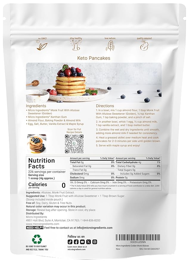 Micro Ingredients Golden Monk Fruit Sweetener Allulose, 2 lbs | No Erythritol, No Aftertaste, 1:1 Brown Sugar Substitute | Zero Calorie, Great for Drinks, Coffee, Tea, Cookies | Keto, Vegan, Non-GMO