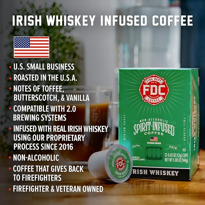 Fire Department Coffee - Irish Whiskey Coffee K Cups - Gives Back to Firefighters - Whiskey Infused Pods - Non-Alcoholic - Roasted in the USA - Veteran Owned - 24 Single Pods