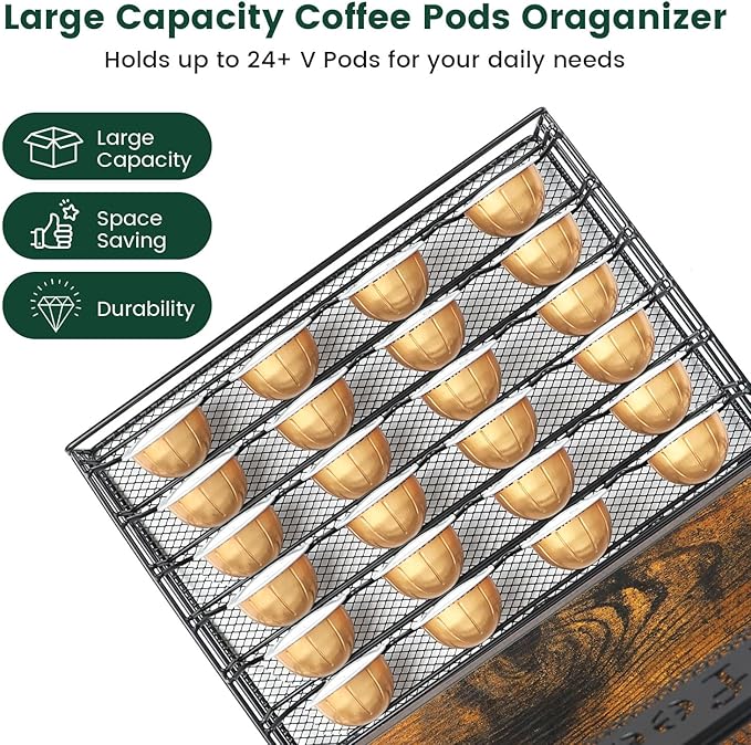 Coffee Bar Organizer, Station Mug Holder for Countertop, Multi-Functional 3 Tier Coffee Cup Tree Rack for Kitchen, Storage Shelf with 10 Hooks, Vertuo Pods Drawer for Home Office