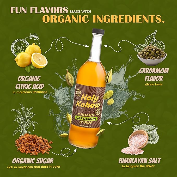 Holy Kakow Cafe Organic Cardamom Syrup - Cardamom Syrup, Coffee Syrup, Organic Syrup for Coffee, Cardamom Syrup for Coffee, Add to Latte, Cocktail and Shake, Real Food Ingredients - 750ml