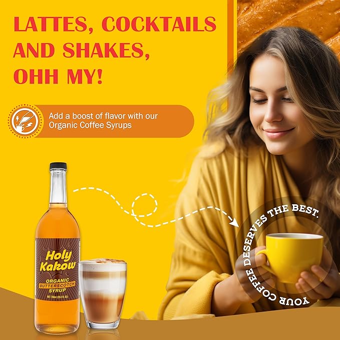Holy Kakow Organic Butterscotch Syrup - Coffee Syrup, Liquid Sugar Coffee Flavoring Syrup, Cane Sugar Syrup, Liquid Sugar for Iced Coffee, Butterscotch Syrup for Coffee, All-Natural, Non-GMO - 750 ml