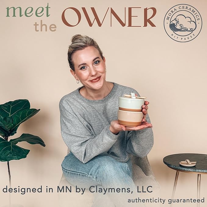 Mora Ceramic Salt and Pepper Cellar Set with Lid - 10 oz Modern Canister/Container/Bowl for Storage, Sea Salt, Spice, Sugar, Countertop - Small Dish/Jar with Wood Spoon, Matcha & Chai Crock