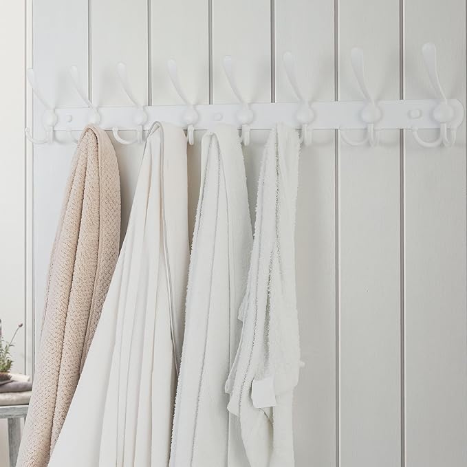 Dseap Coat Rack Wall Mount - 29.5” Long 8-Tri-Hooks Heavy Duty Coat Hanger Rail Wall Hooks for Hanging Coats Hats Clothing Clothes Purse Mudroom Entryway, White