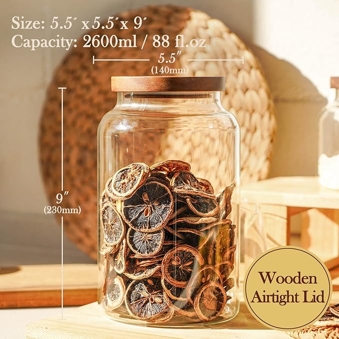 Labina Glass Storage Container Airtight Food Jars Kitchen Canister with Wood Lids, 88 Oz Wide Mouth Pantry Organization Glass Jar for Flour, Sugar, Cookie, Spagetti, Nuts and Candy (2 Pack)