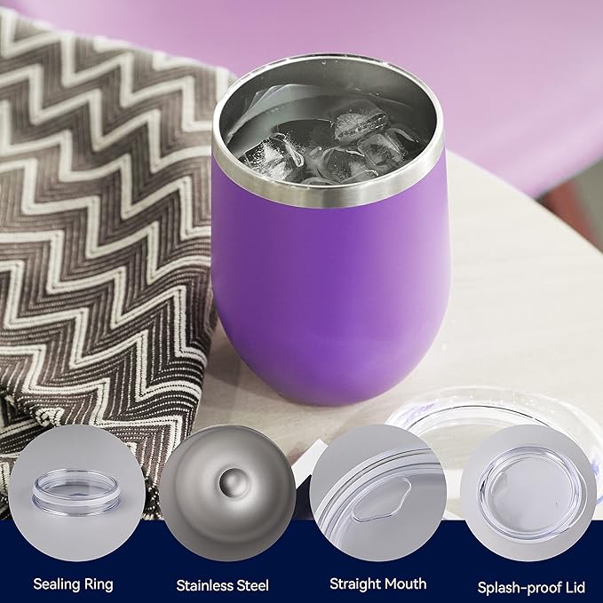 DOMICARE Stainless Steel Wine Tumbler Bulk with Lid, Personalized Insulated Tumblers Set, 12oz Travel Coffee Cups Pack of 4, Purple