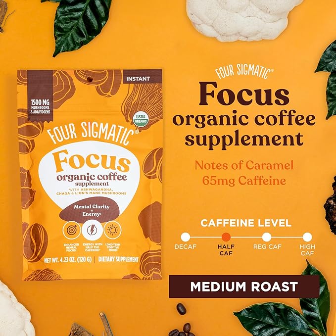 Four Sigmatic Focus Organic Mushroom Coffee | 1500mg of Adaptogens per Serving | Lion's Mane, Chaga, Rhodiola, Ashwagandha & Mucuna for Energy, Focus, Positive Mood & Immune Support | 30 Servings