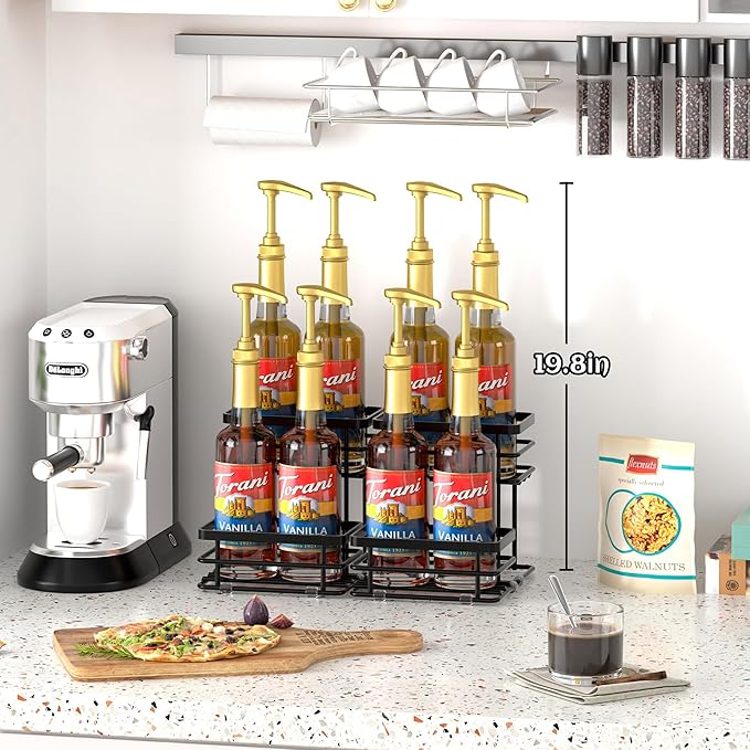 Coffee Syrup Rack Organizer, Syrup Bottle Holder Stand for Coffee Bar, 2-Tier 10 Bottles Storage Shelves for Syrup, Wine, Dressing for Kitchen Countertop (10 Bottles Black)