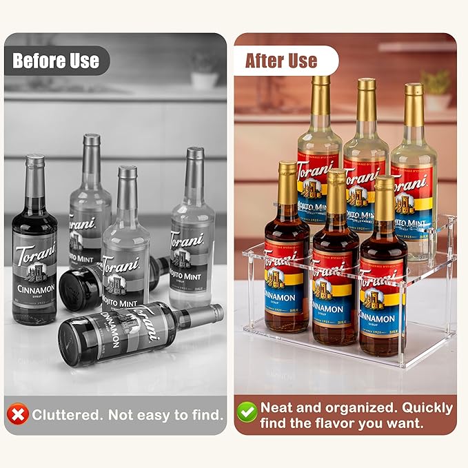 Acrylic Coffee Syrup Organizer rack,2 Tier-6 Bottle Capacity Syrup stand,Syrup Bottle Holder for coffee bar syrup storage,kitchen condiment organization and wine display.