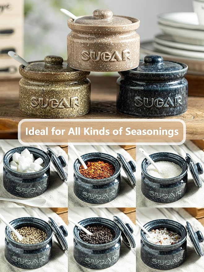 Gomakren Sugar Bowl with Lid and Spoon, Sugar Container Sugar Dish 10oz, Ceramic Sugar Jar for Coffee Bar, Kitchen, Countertop - Modern Farmhouse Kitchen Christmas Decor, Blue