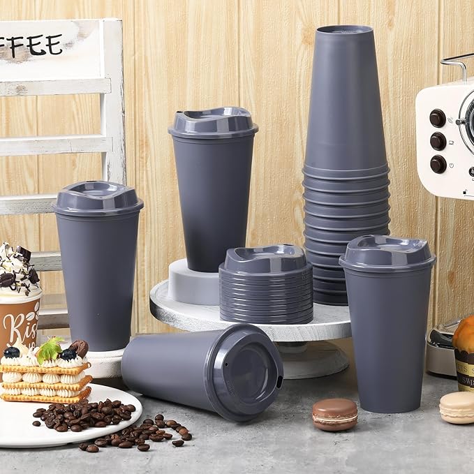 Domensi 15 Pack Reusable Coffee Cups with Lids 16 oz Disposable Travel Cups Bulk Plastic to Go Coffee Tumblers for DIY Hot Cold Drink Party Favors Coworker, Microwaveable (Gray)