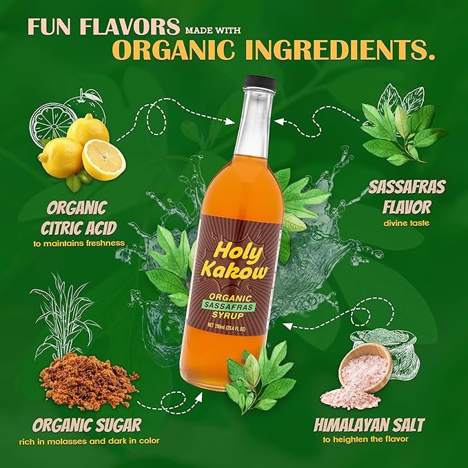 Holy Kakow Organic Sassafras Syrup - Natural Coffee Syrup, Liquid Sugar Coffee Flavoring Syrup, Cane Sugar Syrup, Liquid Sugar for Iced Coffee, Sasssafras Syrup for Coffee, Cocktails, Non-GMO - 750 ml