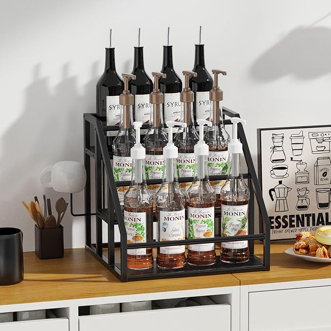 Coffee Syrup Rack Organizer, 3 Tier Countertop Storage Shelves, Kitchen Storage, 12 Syrup Bottle Stand Holder for Wine, Liquor, Kitchen Coffee Station Organizer Rack, 13.8"x13.4"x13.0",Black