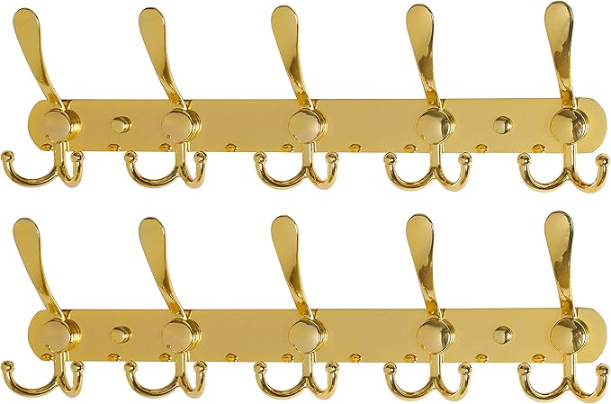 Dseap Coat Rack Wall Mounted - 5 Tri Hooks, Heavy Duty, Stainless Steel, Metal Coat Hook Rail for Coat Hat Towel Purse Robes Mudroom Bathroom Entryway (Gold, 2 Packs)