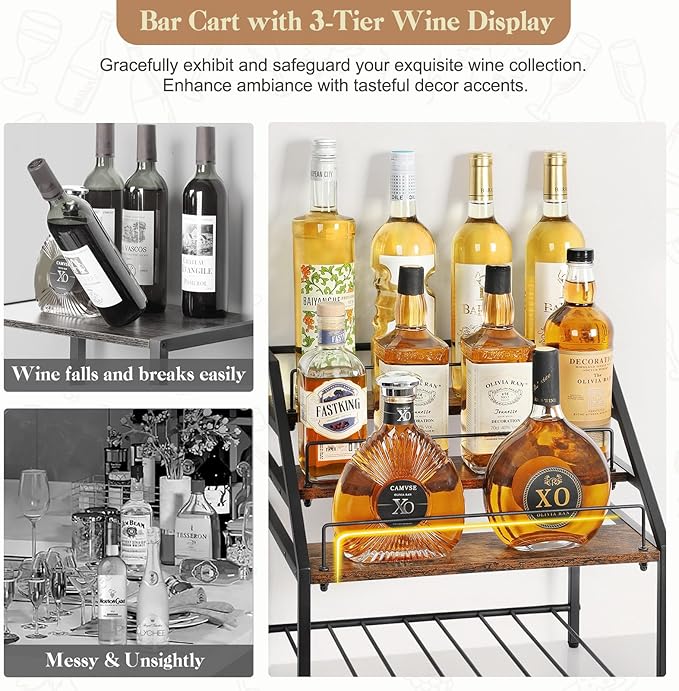 VINAEMO Wine Racks Countertop, 3-Tier Liquor Bottle Display Shelf, Coffee Syrup Organizer, Small Wine Rack, Wine Bottle Holder for Whiskey Bar, Retro Bar Shelves for Home Bar