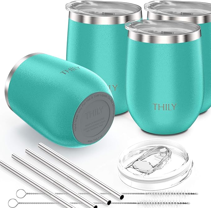 THILY Stainless Steel Stemless Wine Glasses 4 Pack Vacuum Insulated Cute Travel Wine Tumbler Set with Splash-proof Lids, Reusable Straws, Keep Cold & Hot for Wine, Coffee, Teal