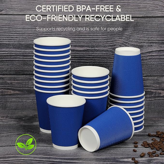 100 Pack 12 oz Disposable Coffee Cups with Lids and Straws, Insulated Ripple Wall To Go Paper Corrugated Cups, Bulk for Hot/Cold Drinks, Cafe Bar, Office, Chocolate, Cocoa (Navy)