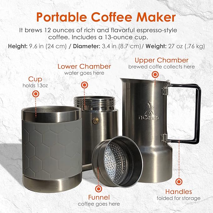 nCamp Kitchen to Go 5 Piece Bundle, Portable Compact Multi-Fuel Burning Camping Stove, ISO Propane Adapter, Elevated Bamboo Cutting Board Prep Surface, Cafe Coffee Maker, Carrying Bag, For Camping