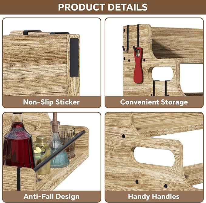 3-Tier Liquor Bottle Display Shelf, Bar Stand for Whiskey, Spirits, Coffee Syrup Rack Organizer, Countertop Wine Rack for Home, Mini Coffee Bar, Small Liquor Cabinet and Kitchen Light Brown