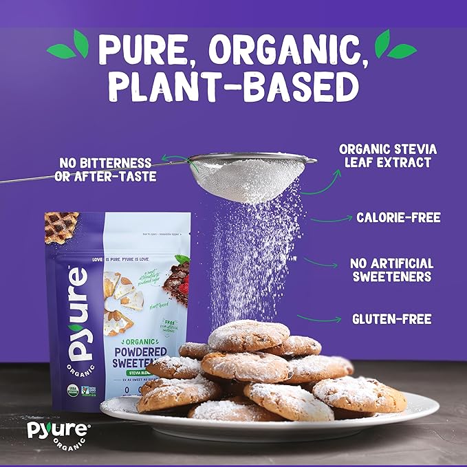 Pyure Organic Powdered Sweetener | Sugar-Free Confectioners Sugar Substitute for Baking | Keto, Gluten-Free, Zero Calorie, Zero Carb, Plant-Based Stevia Blend | 12 oz