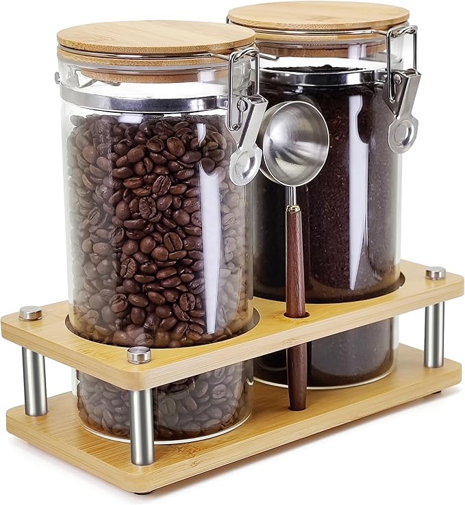 Glass Coffee Grounds Container with Wooden Shelf, 2 × 45 FLOZ Glass Coffee Canister with Sealed Locking Clamp, Kitchen Large Capacity Food Storage Jar with Metal Spoon