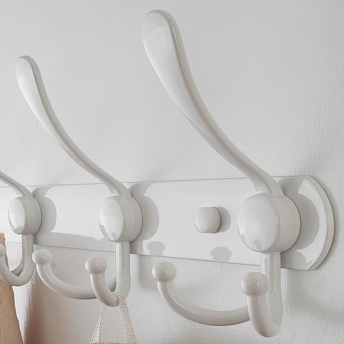 Dseap Coat Rack Wall Mount - 29.5” Long 8-Tri-Hooks Heavy Duty Coat Hanger Rail Wall Hooks for Hanging Coats Hats Clothing Clothes Purse Mudroom Entryway, White