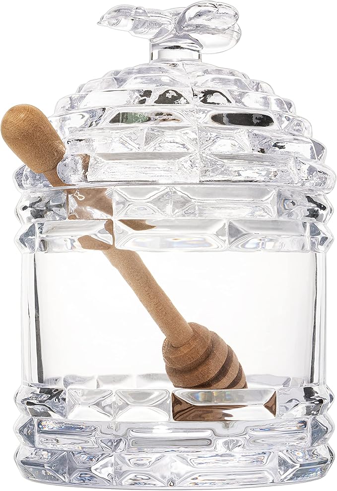 Crystal Bee Honey Dish Jar with Dipper and Lid – Elegant Glass Beehive Honey Pot for Rosh Hashanah, Holidays, Kitchen Table, Jam, Jelly, Syrup, 14oz Honey Server Gift, Gorgeous Bee Decor Gifts