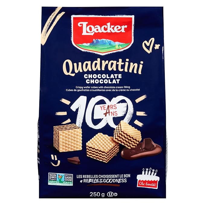 Loacker Quadratini Chocolate Wafer Cookies - 30% Less Sugar - Premium Crispy Bite Size Wafers With Chocolate Cream Filling - Resealable Family Pack - Non-Gmo - Fine Flavor Cocoa From Our Sustainable Farming Program - Large Snack Bag 250G/8.82Oz