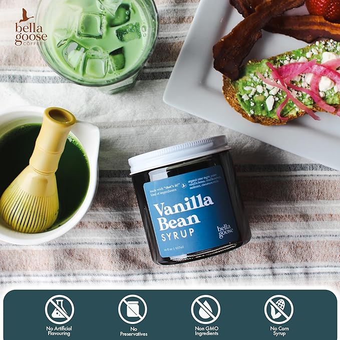 Bella Goose Vanilla Bean Coffee Syrup Jar (16oz) - Homemade Pure Cane Sugar Syrup for Lattes, Mocha, Desserts, & Ice Cream - Clean Ingredient - No Artificial Flavors, Oils, Dyes, or Preservatives Syrups for Coffee Drinks
