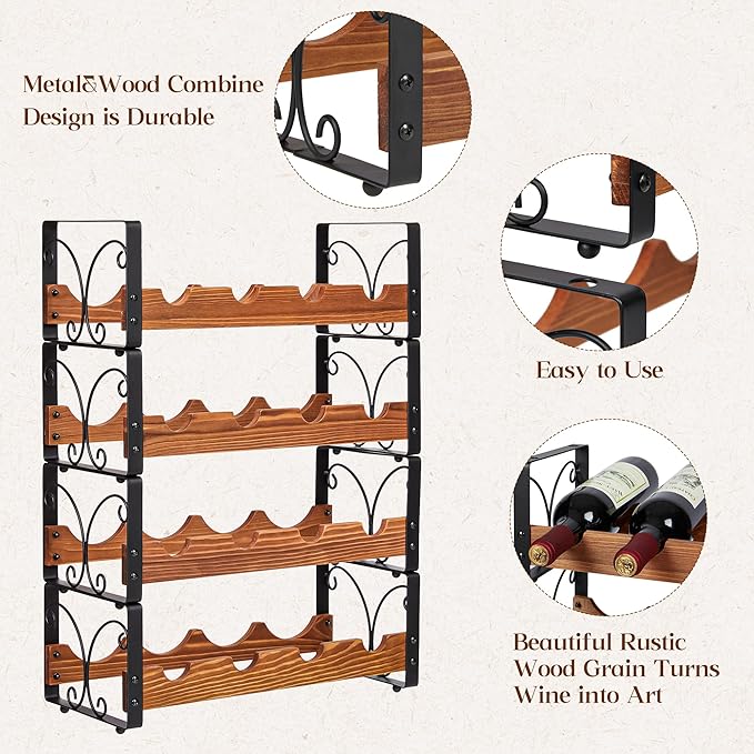 X-cosrack Wine Rack Freestanding Floor with Patent Design, Wooden & Metal Wine Bottle Holder, 4 Tier 16 Bottles Stackable Wine Storage Racks for Kitchen Counter or Bar, Wine Display Shelf