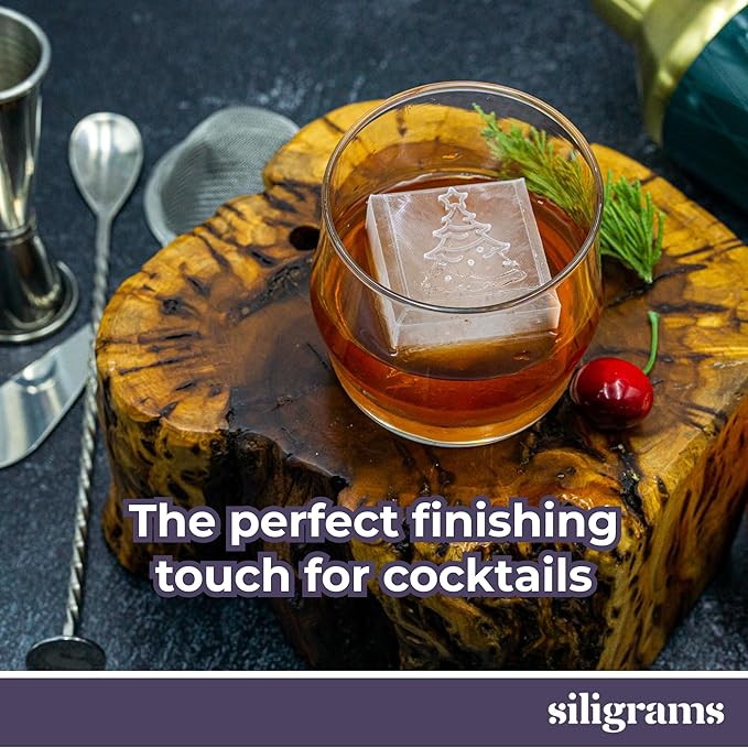 SILIGRAMS Christmas Ice Cube Mold – 2” Custom Whiskey Ice Tray for Cocktails – Holiday-Themed Silicone Ice Cube Mold – Festive Gift for Men & Women – Reusable Bartender Ice Mold