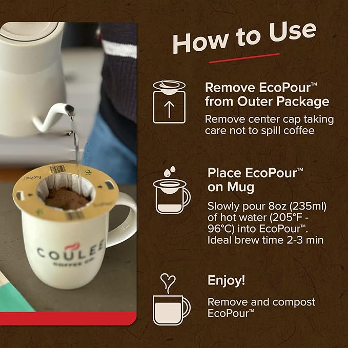 Coulée EcoPour She Devil Coffee, All Paper Single Serve Arabic Coffee, Medium Roast, Use for Camping or Traveling, Pre Filled Compostable Filters, Ready to Brew with Hot Water, Plastic Free, 20 Pack