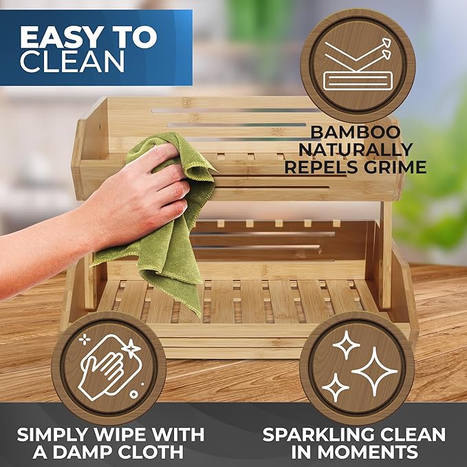 2 Tier Bamboo Fruit Basket for Kitchen Counter with Banana Hanger Hooks, Wooden Fruit Holder for Kitchen Countertop, Vegetable Storage Stand for Fruit Shop