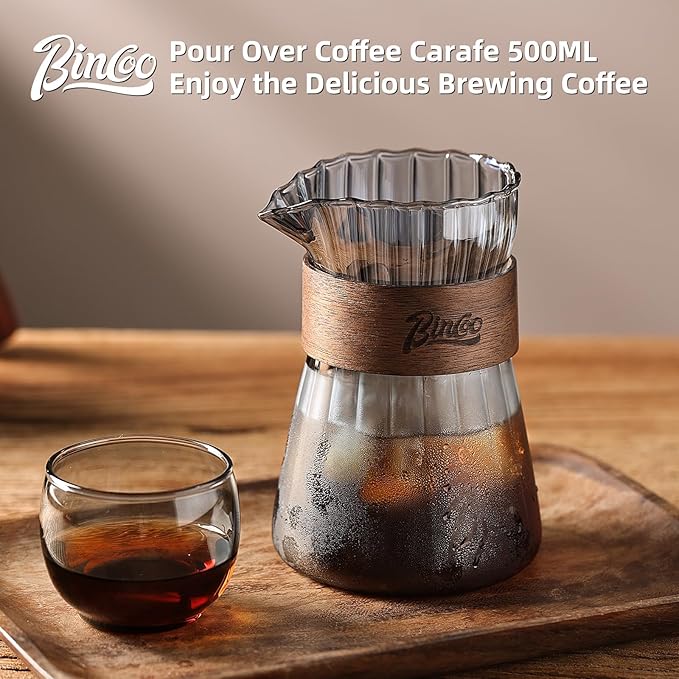 Small Glass Coffee Server 16oz - Glass Pour Over Coffee Carafe Coffee Maker with Heat-Resistant Wood Ring, Mess-free Pouring
