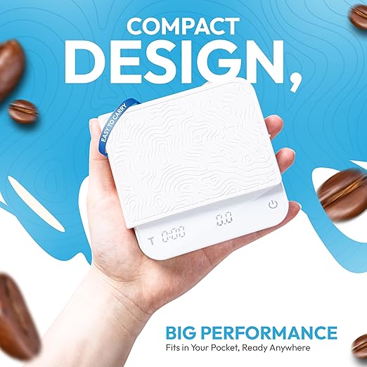 Mini Coffee Scale with Timer – Digital Barista Weight Scale with Designer-Patterned Tamper Mat, 0.1g High Precision, Portable & Rechargeable for Espresso, Pour Over, Drip, and Kitchen Brewing Use