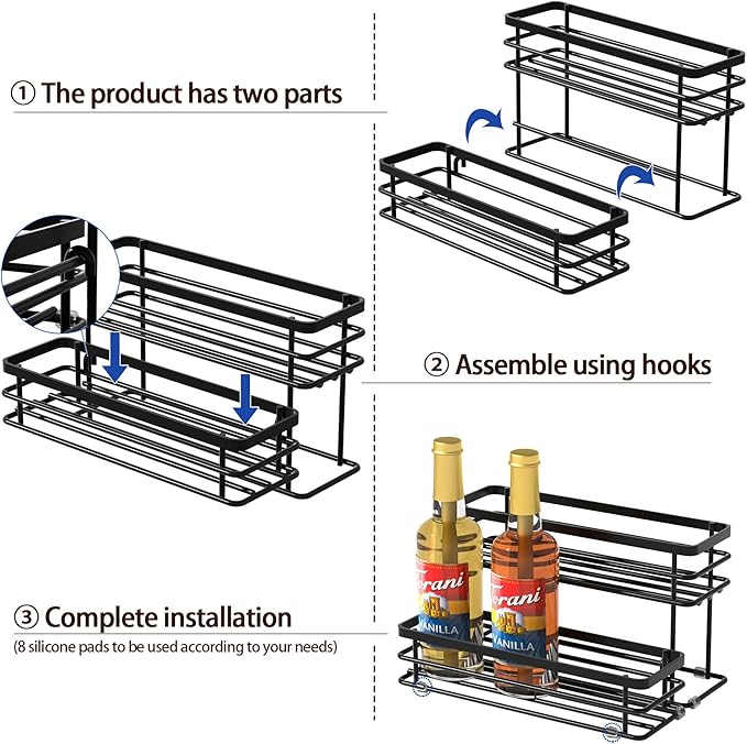 6 Bottle Coffee Syrup Organizer Rack, 2 Tier Coffee Syrup Stand Holder for Coffee Bar, Coffee Syrup Organizer for Countertop, Small Wine Rack for Family, Storage for Syrup, Dressing, Black