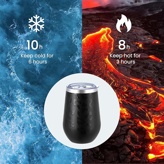 MEWAY 12oz Insulated Wine Tumbler with Press-In Lid, Double Wall Vacuum Stainless Steel Travel Tumbler with Straw, for Coffee and Drinks, Gift for Woman Under 10 dollars(Black Leopard,Set of 4)