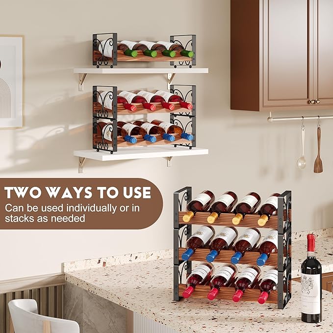 X-cosrack Wine Racks Free Standing Floor, 6-Tier 24 Bottles Wine Rack for Cabinet, Wood & Metal Wine Stackable Rack, Wine Bottle Holder for Wine Cellar, Wine Storage for Home Bar & Kitchen