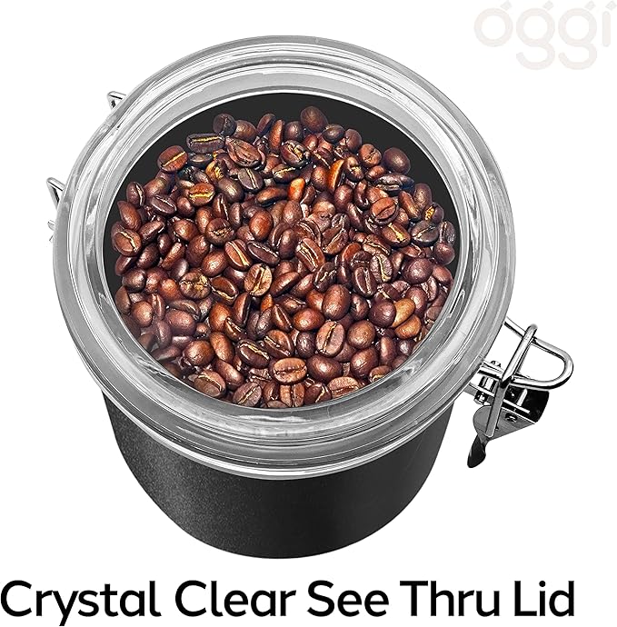 Oggi Stainless Steel Kitchen Canister 26 fl oz, Black - Airtight Clamp Lid, Clear See-Thru Top - Ideal for Kitchen Storage, Food Storage, Pantry Storage. Size 5" x 3.5".