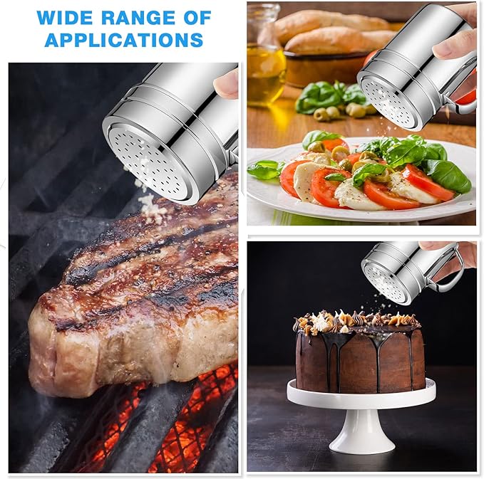 Lallisa 12 Pcs 10 oz Stainless Steel Spice Shakers with Holes and Lids Dredge Shakers with Handle Versatile Salt Shaker for Sugar Pepper Seasoning Flour Popcorn Cinnamon Powder Container Accessories