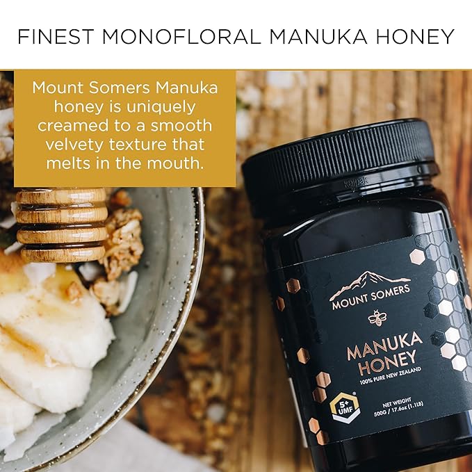 Mount Somers 100% Pure Premium Raw Manuka Honey - UMF 5+ / MGO 83+ 17.6oz (500g) Jar, Non GMO New Zealand Manuka Honey, Genuine Natural Superfood, Great Taste, UMF Certified