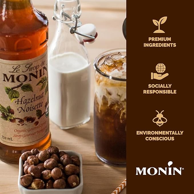 Monin - Organic Hazelnut Syrup, Nutty Taste of Caramelized Hazelnut, Natural Flavors, Great for Mochas, Lattes, Smoothies, Shakes, and Cocktails, Non-GMO, Gluten-Free (750 ml)