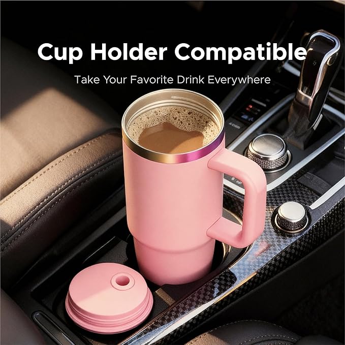 OMTech 40 oz. Tumblers with Handle & Lid, 12 Pack Tumbler Bulk with Double Wall Vacuum Insulation, Food-Grade Stainless Steel Insulated Coffee Mug, Sweatproof Travel Mug for Hot Cold Drinks, Pink