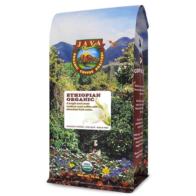Low Acid Organic Coffee – Whole Bean, Mold-Free & Stomach Friendly by Java Planet, Ethiopian Single Origin Coffee, Medium Roast, Smooth Full Flavored, 1LB Bag