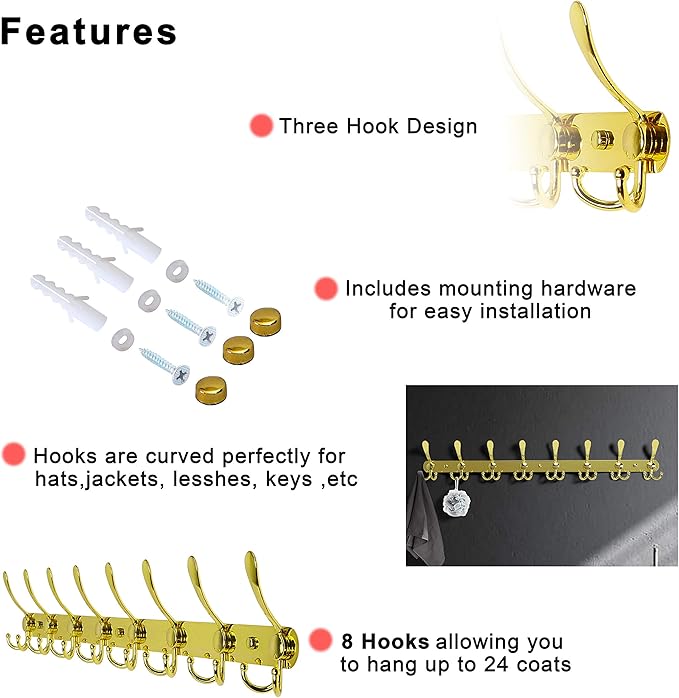 Dseap Coat Rack Wall Mount - 29.5” Long 8-Tri-Hooks Heavy Duty Coat Hanger Rail Wall Hooks for Hanging Coats Hats Clothing Clothes Purse Mudroom Entryway, Gold, Pack of 2