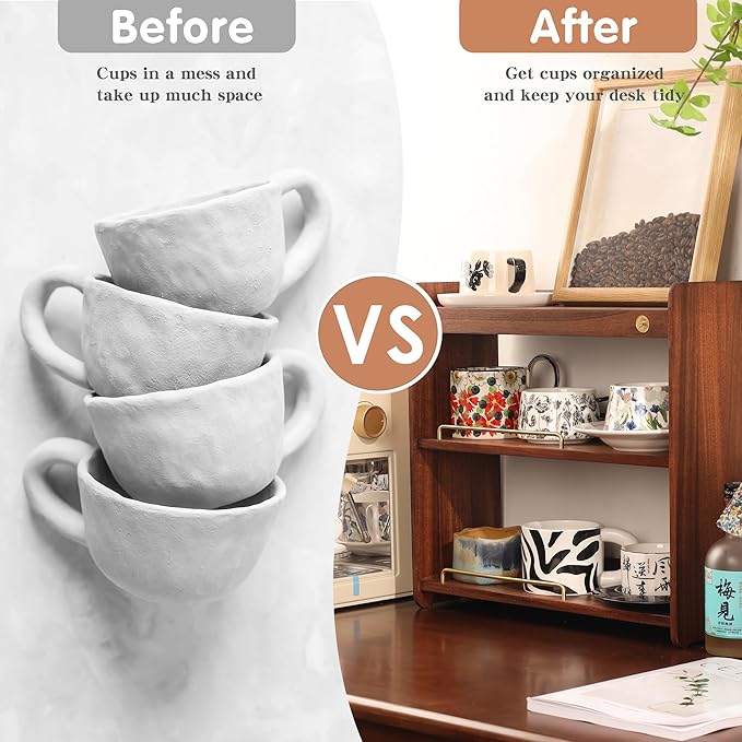 Coffee Mug Holder Wooden Cup Rack Mug Display Shelf Coffee Cup Holder for Countertop With 6 Mug Cups 3 Tier Wood Coffee Mugs Holder for Kitchen Coffee Cup Storage