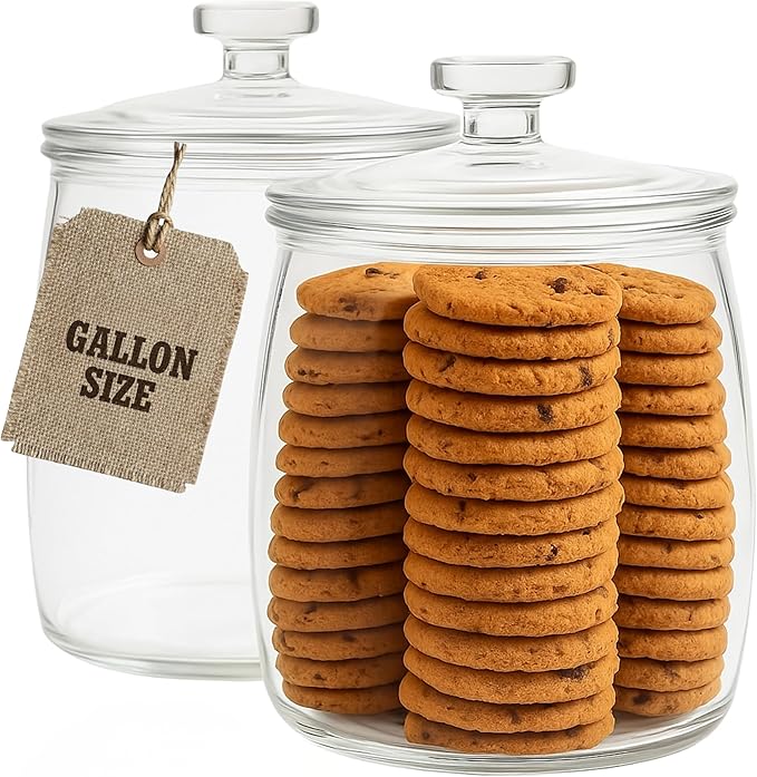 kitchentoolz 1 Gallon Glass Cookie Jar with Lid – Set of 2 Large Glass Jars with Lids for Cookies, Candy, Flour, Sugar, Pet Treats – Clear Glass Canisters for Food Storage - Pack of 2