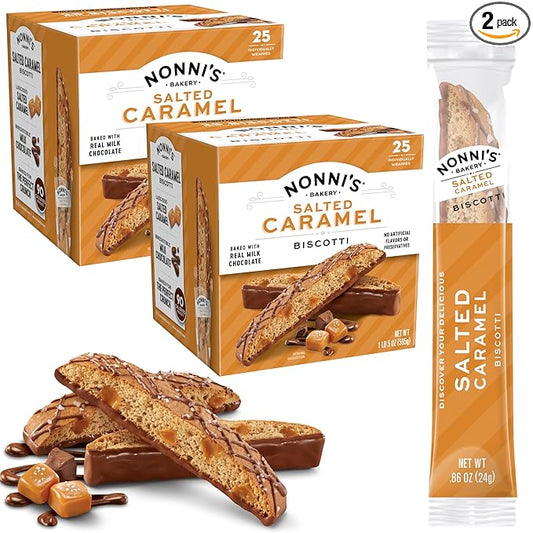 Nonni's Salted Caramel Milk Chocolate Biscotti Cookies — Individually Wrapped Italian Coffee Snack, Crunchy Twice-Baked, 90 Cal Each, 21 oz Carton, 2 Pack