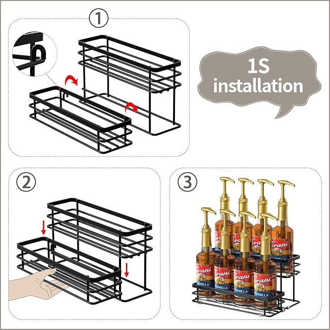 Coffee Syrup Rack Organizer, Syrup Bottle Holder Stand for Coffee Bar, 2-Tier 8 Bottles Storage Shelves for Syrup, Wine, Dressing for Kitchen Countertop (8 Bottles Black)